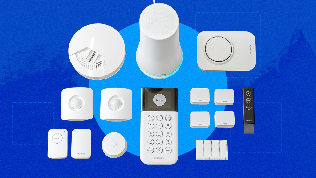 SimpliSafe base station, keypad, sensors, siren, and accessories
